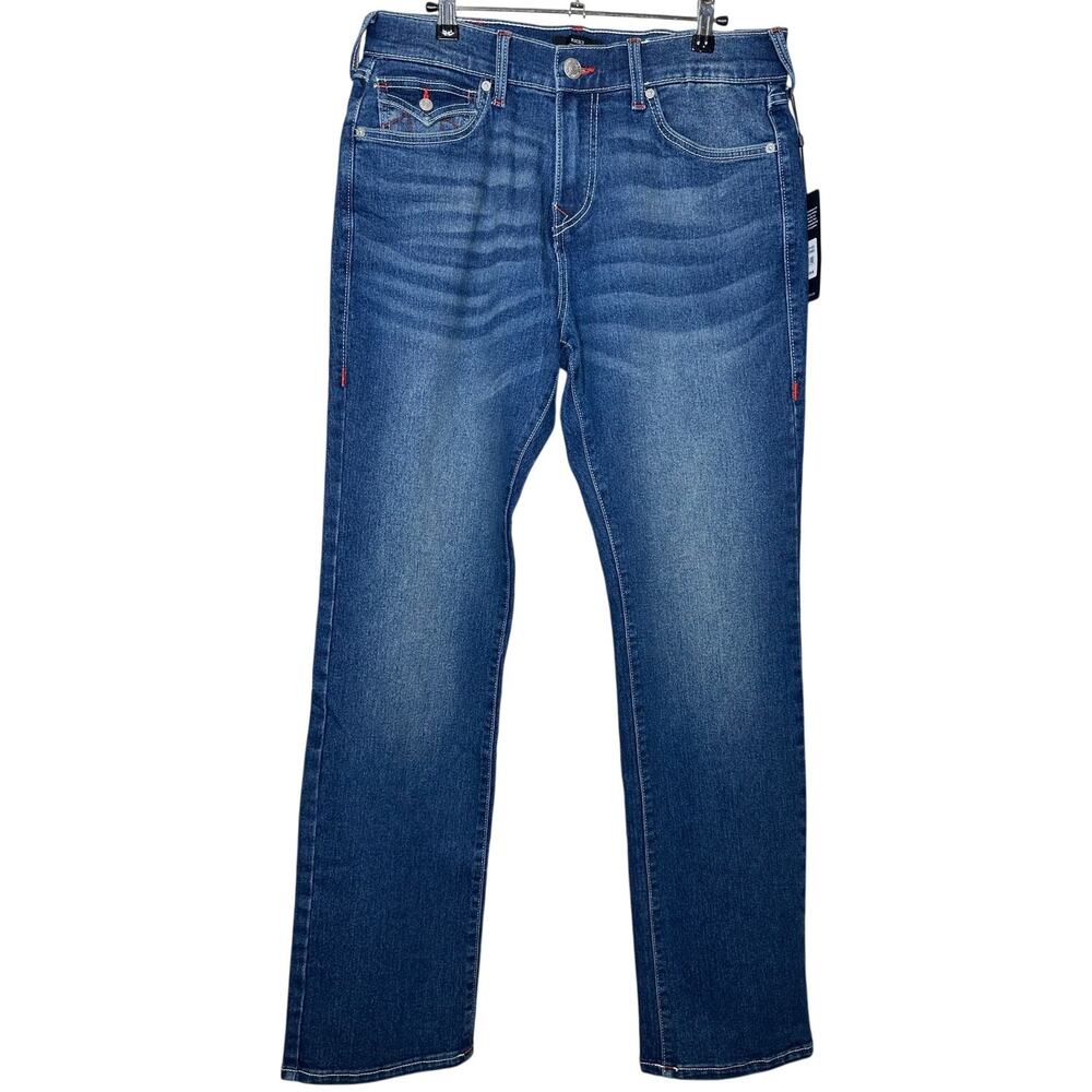 True Religion Ricky Relaxed Straight Jeans Blue Denim Flap Pocket 32x34 NWT